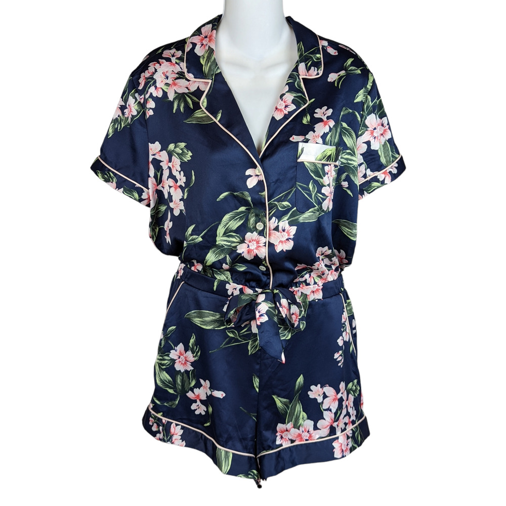 Victoria's Secret Floral Satin Shorts Pajama Romper Blue Size Medium